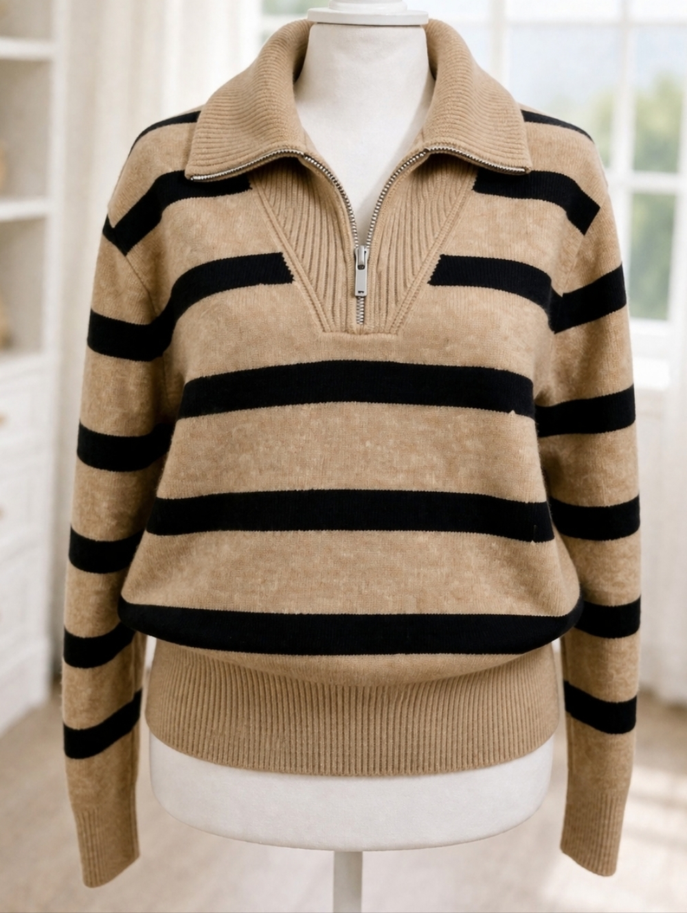ON 34th Striped Sweater L Funnel Neck Quarter Zip Pullover Cozy Knit